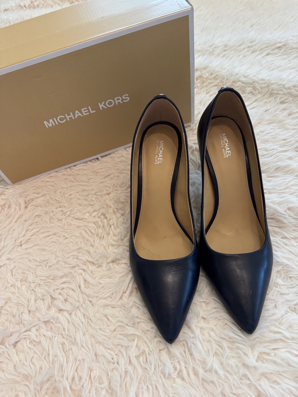 Michael Kors Navy Pointed Leather Pumps with Tan Insole